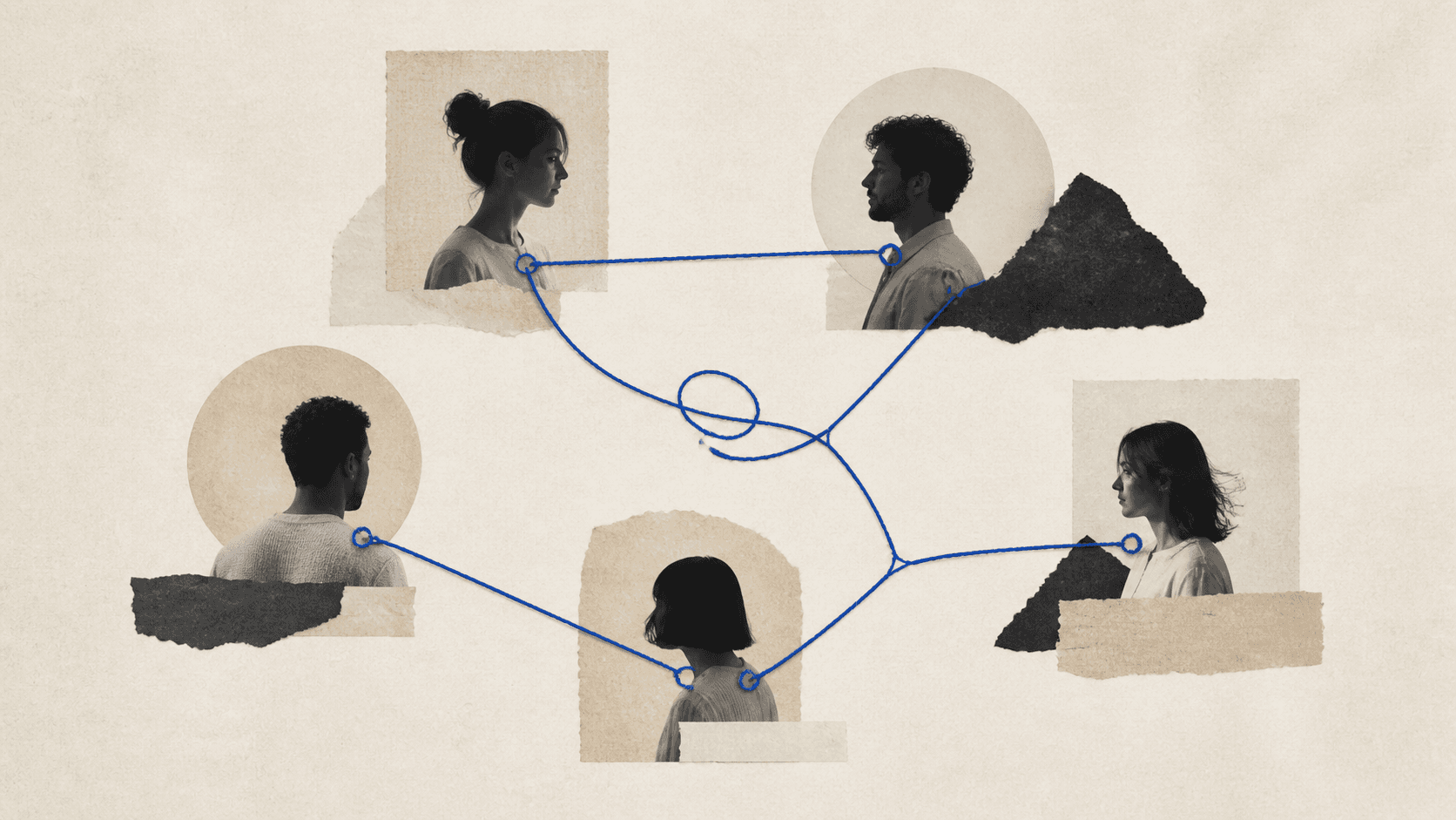 Editorial collage of creator profiles connected by a cobalt thread.